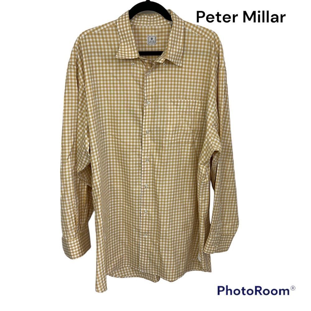 Peter Millar Crown yellow mustard checks long sleeves cotton button up shirt XXL